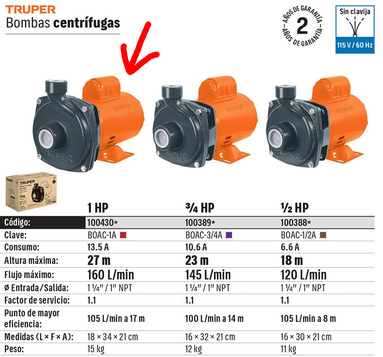 BOMBA PARA AGUA 1-HP TRUPER CENTRIFUGA BOAC-1A