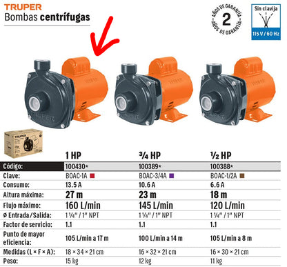 BOMBA PARA AGUA 1-HP TRUPER CENTRIFUGA BOAC-1A