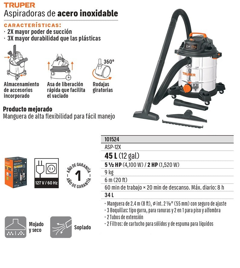 ASPIRADORA TRUPER 12-GLN 5-1/2HP ACERO INOXIDABLE ASP-12X