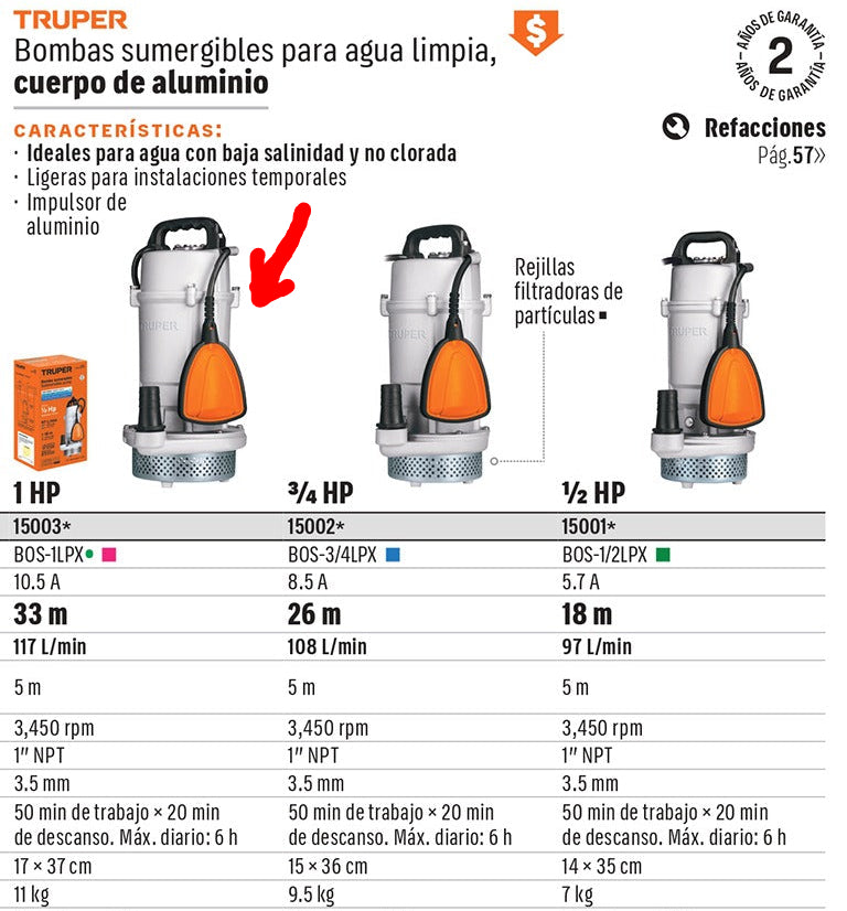 BOMBA PARA AGUA LIMPIA 1-HP SUMERGIBLE USO RUDO TRUPER BOS-1LPX
