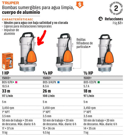 BOMBA PARA AGUA LIMPIA 1-HP SUMERGIBLE USO RUDO TRUPER BOS-1LPX