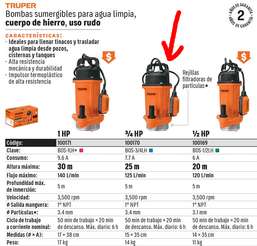 BOMBA PARA AGUA 3/4-HP TRUPER SUMERGIBLE