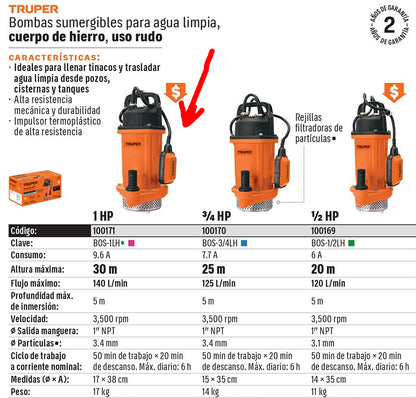 BOMBA PARA AGUA 1-HP TRUPER SUMERGIBLE