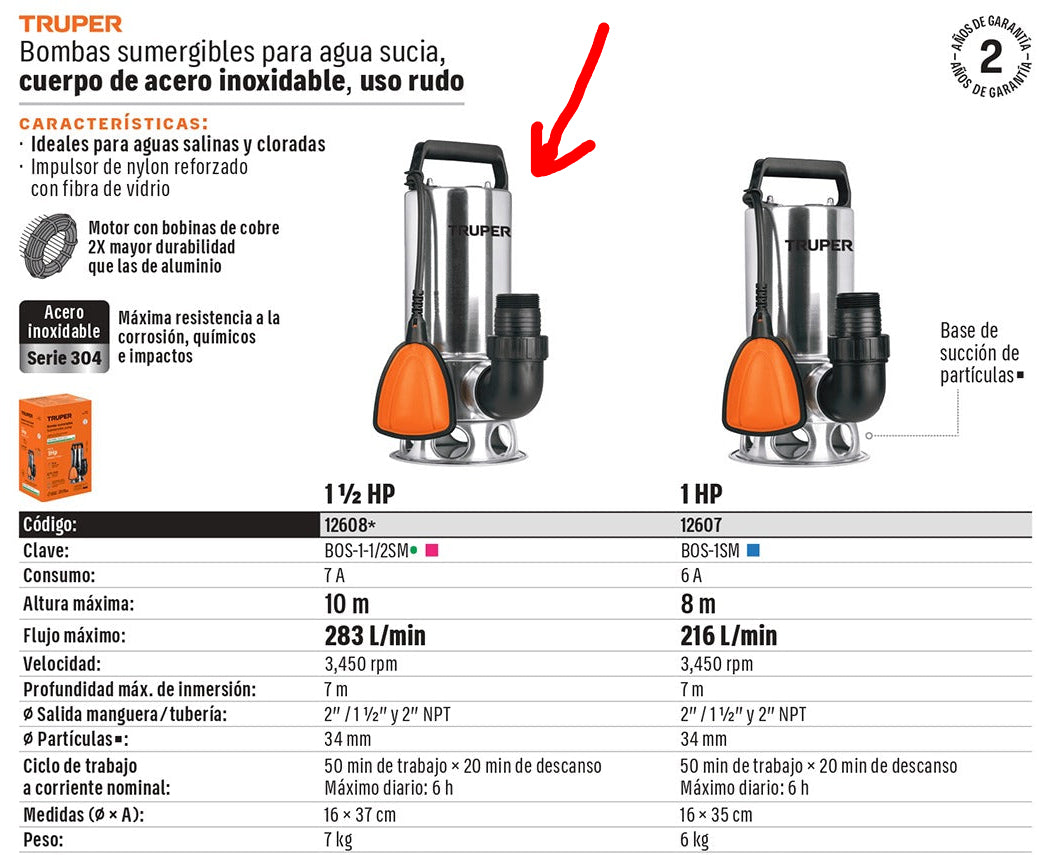 BOMBA PARA AGUA SUCIA 1-1/2HP SUMERGIBLE USO RUDO TRUPER
