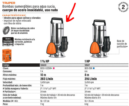 BOMBA PARA AGUA SUCIA 1-1/2HP SUMERGIBLE USO RUDO TRUPER