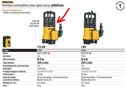 BOMBA PARA AGUA SUCIA 1-1/2-HP SUMERGIBLE PRETUL