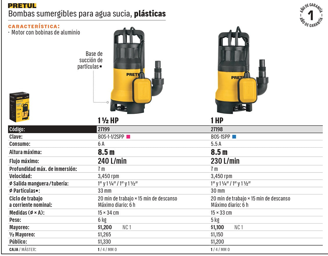 BOMBA PARA AGUA SUCIA 1-HP SUMERGIBLE PRETUL
