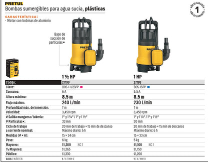 BOMBA PARA AGUA SUCIA 1-HP SUMERGIBLE PRETUL
