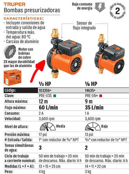 BOMBA PARA AGUA 1/3-HP TRUPER CON PRESURIZADOR