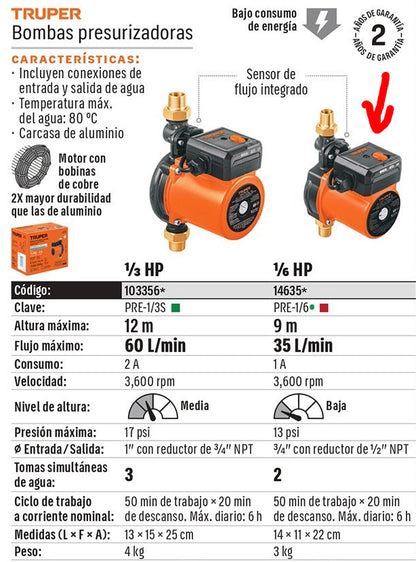 BOMBA PARA AGUA 1/6-HP TRUPER CON PRESURIZADOR