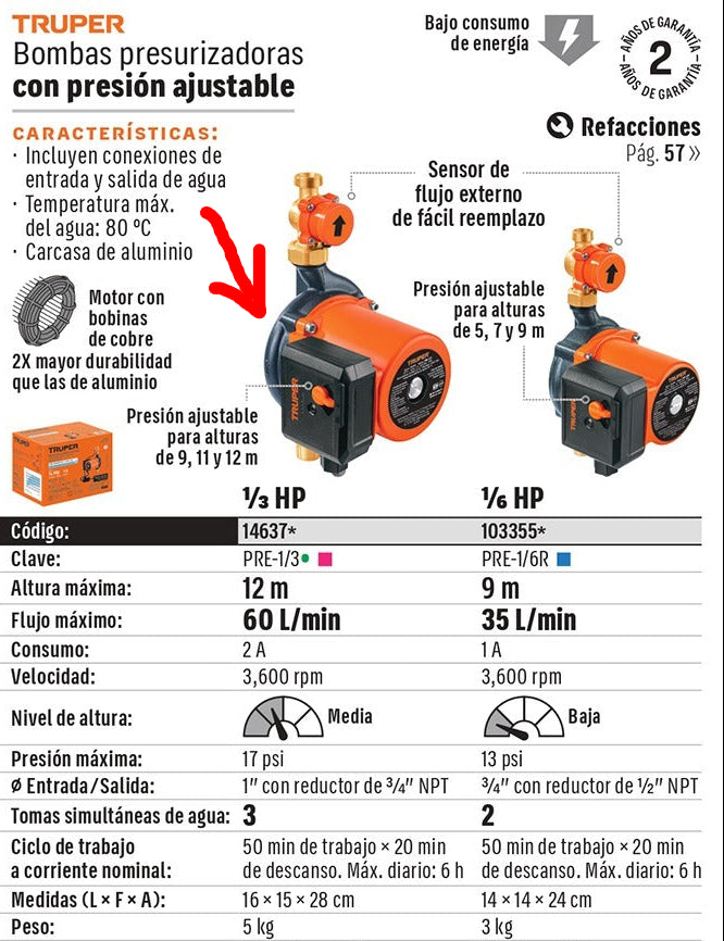 BOMBA PARA AGUA 1/3-HP TRUPER CON PRESURIZADOR CON SENSOR