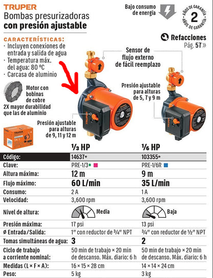 BOMBA PARA AGUA 1/3-HP TRUPER CON PRESURIZADOR CON SENSOR