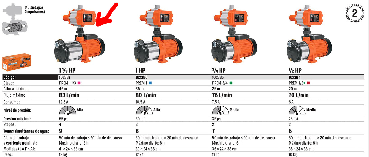 BOMBA PARA AGUA 1-1/3-HP TRUPER CON PRESURISADOR Y CONTROL