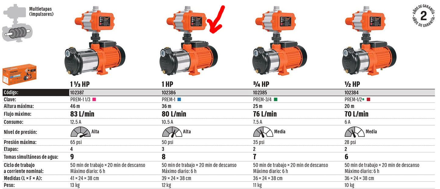 BOMBA PARA AGUA 1-HP TRUPER CON PRESURISADOR Y CONTROL