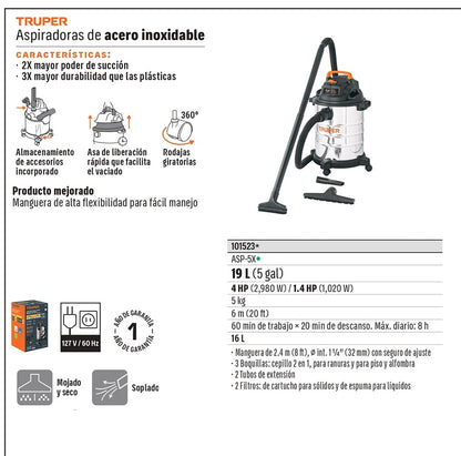ASPIRADORA TRUPER 5-GLN 4HP ACERO INOXIDABLE ASP-5X