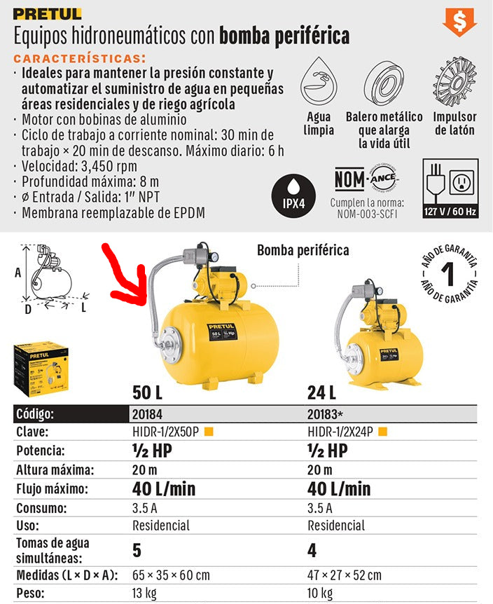 BOMBA PARA AGUA 1/2-HP PRETUL HIDRO HIDR-1/2X50P