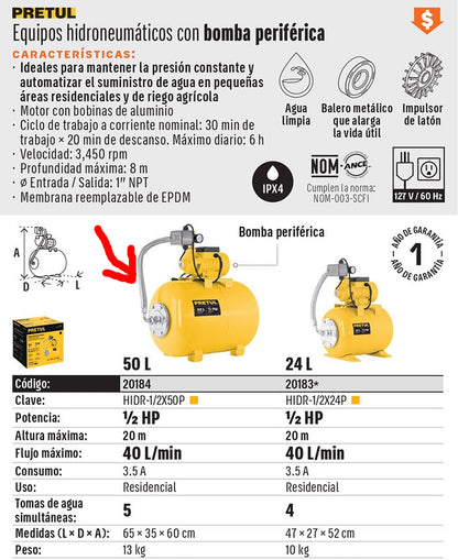 BOMBA PARA AGUA 1/2-HP PRETUL HIDRO HIDR-1/2X50P