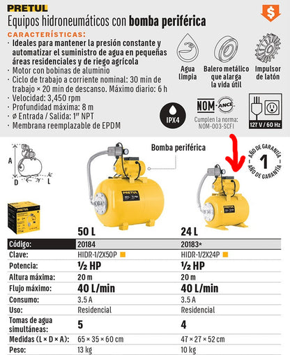 BOMBA PARA AGUA 1/2-HP PRETUL HIDRO HIDR-1/2X24P