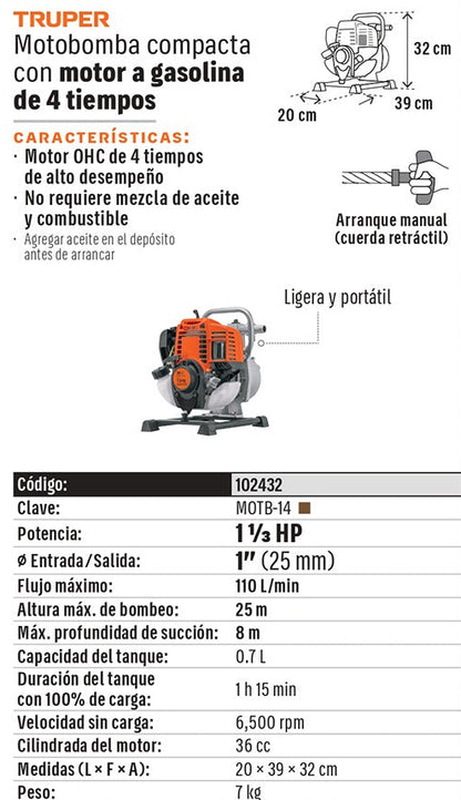 MOTOBOMBA 1 DE SALIDA TRUPER 1-1/3HP MOTB-14