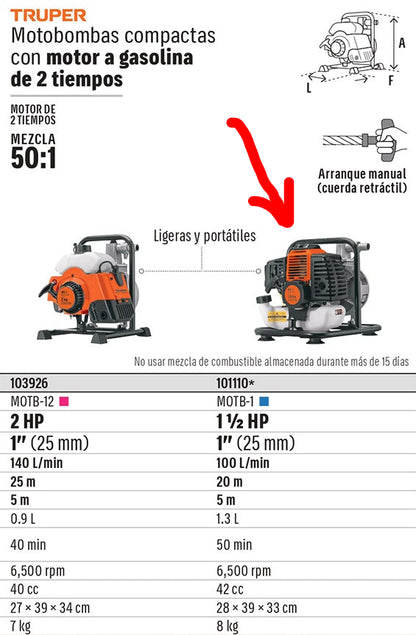 MOTOBOMBA 1 DE SALIDA TRUPER 1-1/2HP MOTB-1