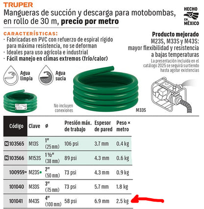 MANGUERA VERDE PARA SUCCION MOTOBOMBA 4" M43S TRUPER POR METRO
