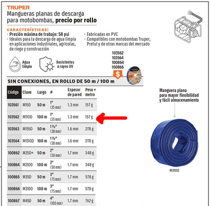 MANGUERA AZUL PARA DESCARGAR MOTOBOMBA 1" 100M M110D TRUPER