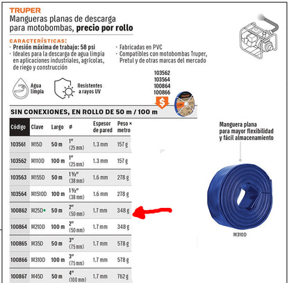 MANGUERA AZUL PARA DESCARGAR MOTOBOMBA 2" 50M M25D TRUPER