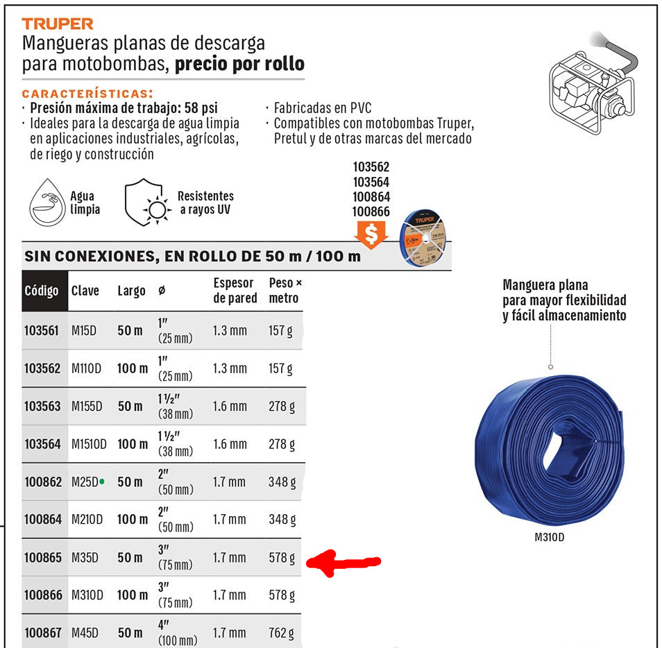 MANGUERA AZUL PARA DESCARGAR MOTOBOMBA 3" 50M M35D TRUPER