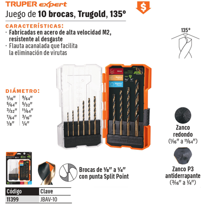 BROCAS TRUPER 10-PCS JBAV-10 PARA HIERRO