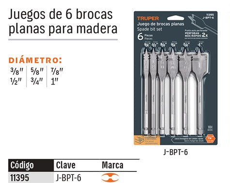 BROCAS TRUPER 6-PCS J-BPT-6 TIPO PALETA PARA MADERA