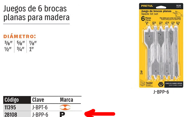 BROCAS PRETUL 6-PCS J-BPP-6 TIPO PALETA PARA MADERA