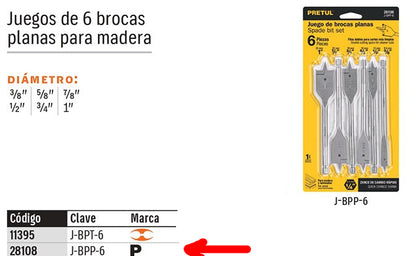 BROCAS PRETUL 6-PCS J-BPP-6 TIPO PALETA PARA MADERA