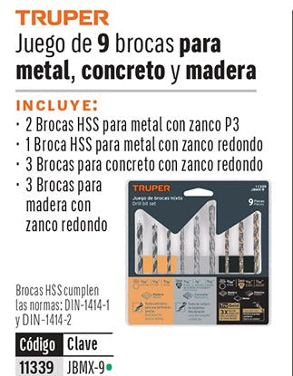 BROCAS TRUPER 9-PCS JBMX-9 HIERRO/MA DE CONCRETO
