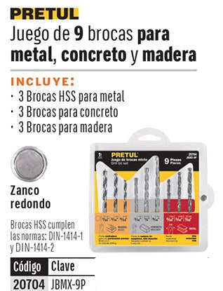 BROCAS PRETUL 9-PCS JBMX-9P HIERRO/MA DE CONCRETO