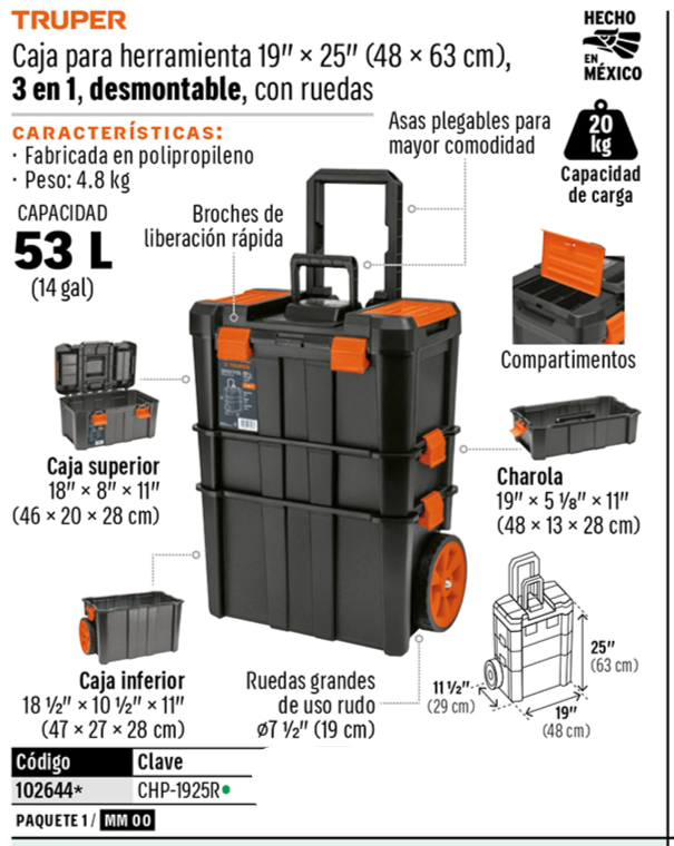 CAJA PARA HERRAMIENTAS TRUPER 19X25 CON RUEDAS 3 NIVELES CHP-1925R