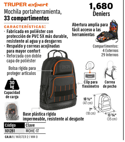MOCHILA PORTA HERRAMIENTAS TRUPER EXPERT MOHE-17 POLIESTER