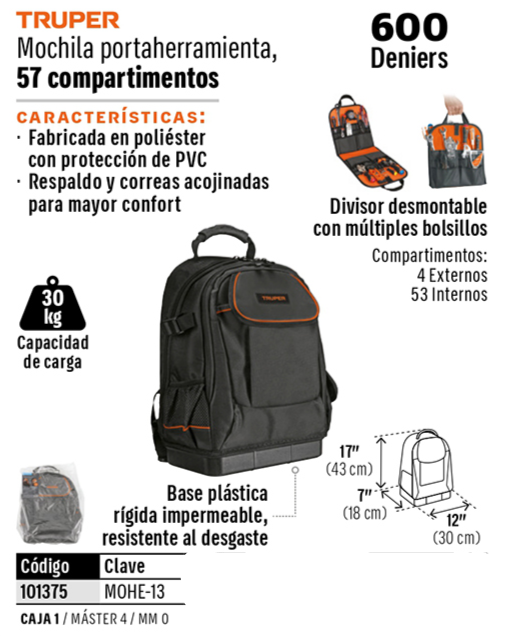 MOCHILA PORTA HERRAMIENTAS TRUPER MOHE-13 POLIESTER
