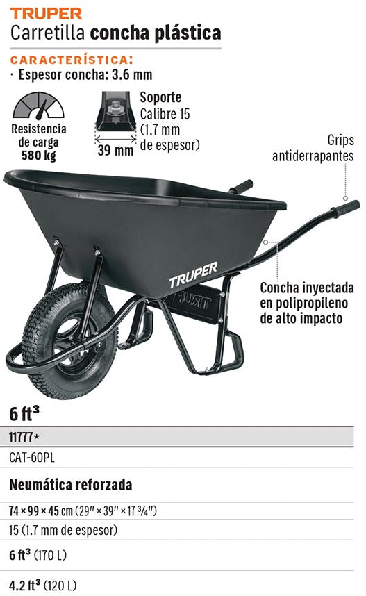 CARRETA TRUPER DESARMADA PLASTICA PARA GRANOS CAT-60PL NEGRA