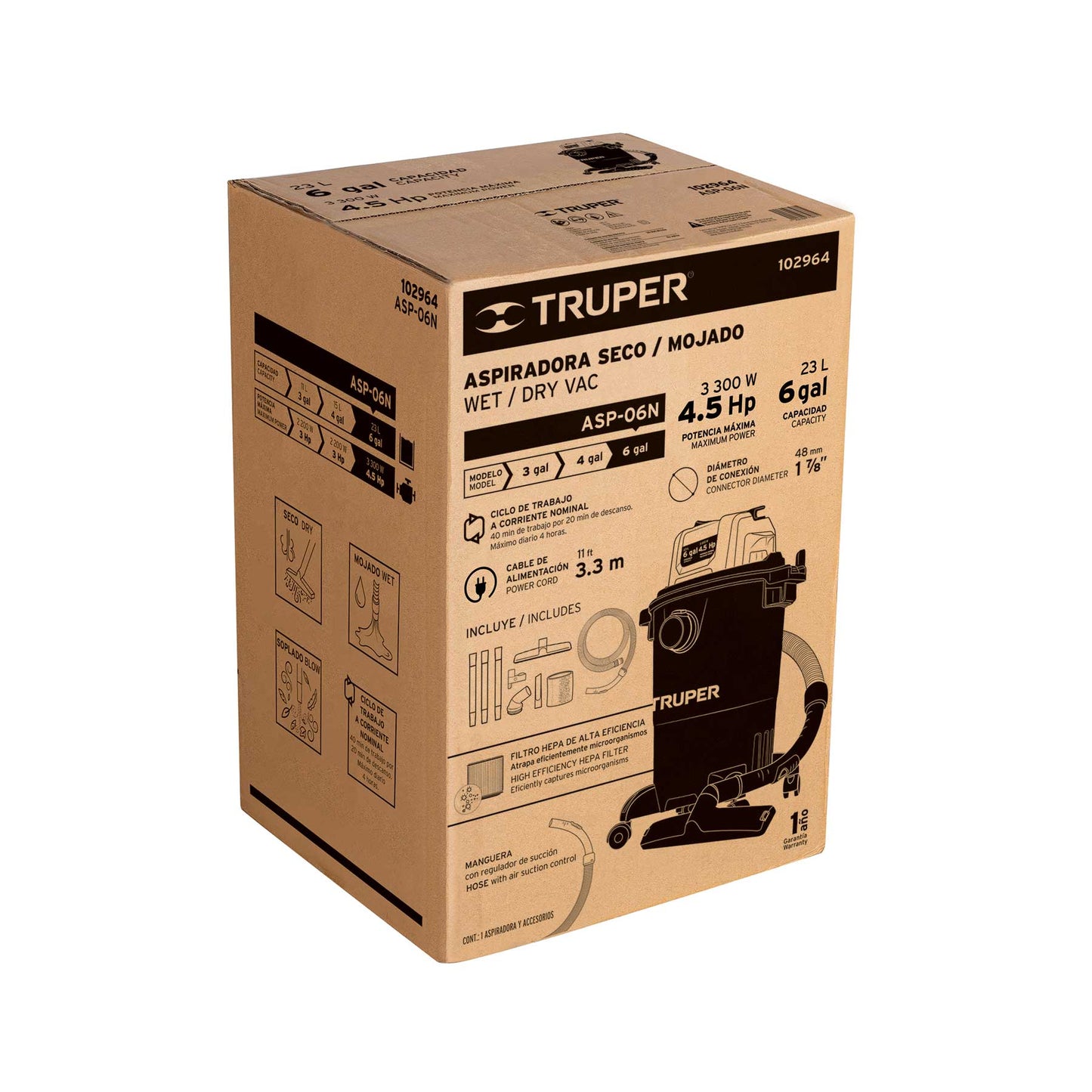 ASPIRADORA TRUPER 6-GLN 4.5HP FILTRO HEPA ASP-06N