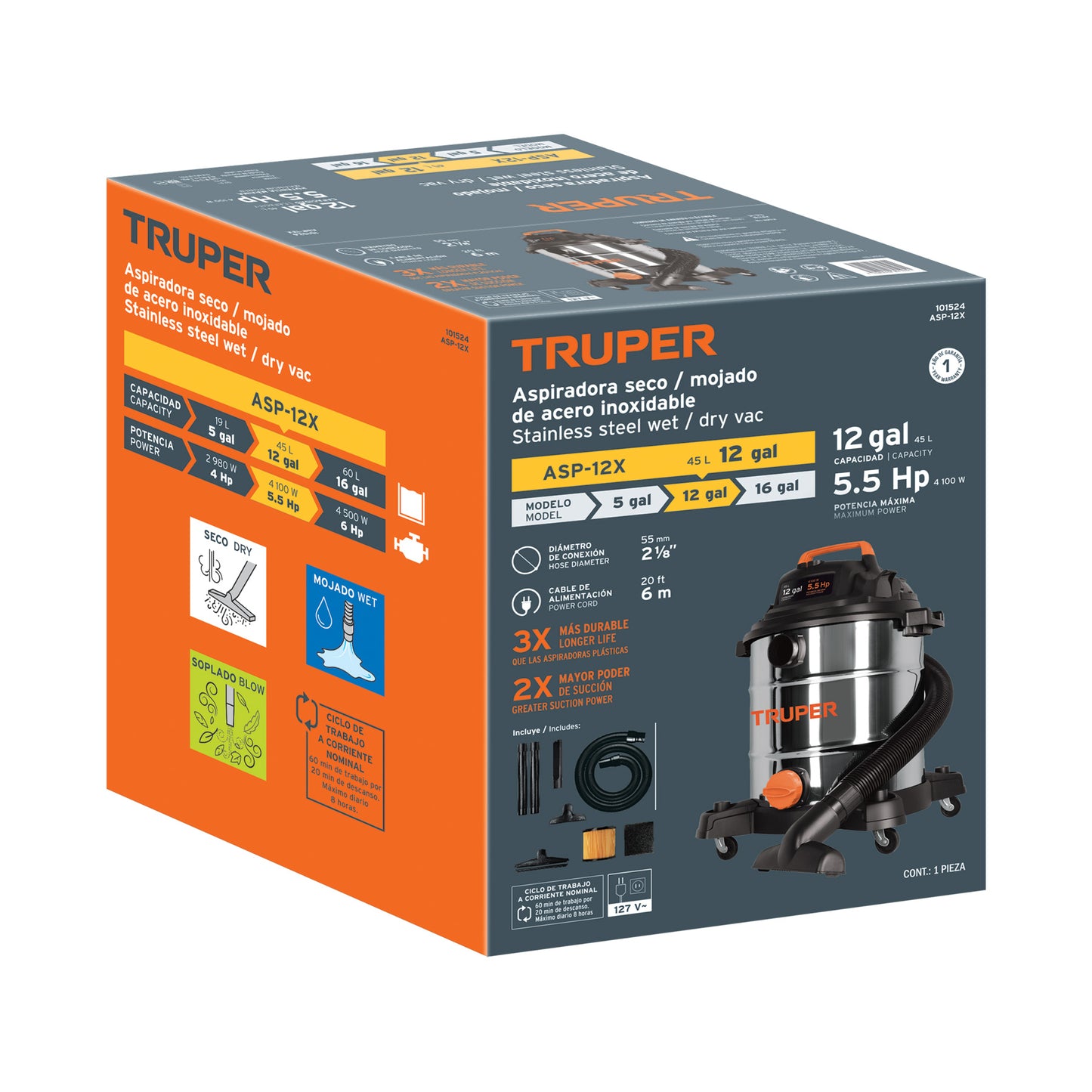 ASPIRADORA TRUPER 12-GLN 5-1/2HP ACERO INOXIDABLE ASP-12X