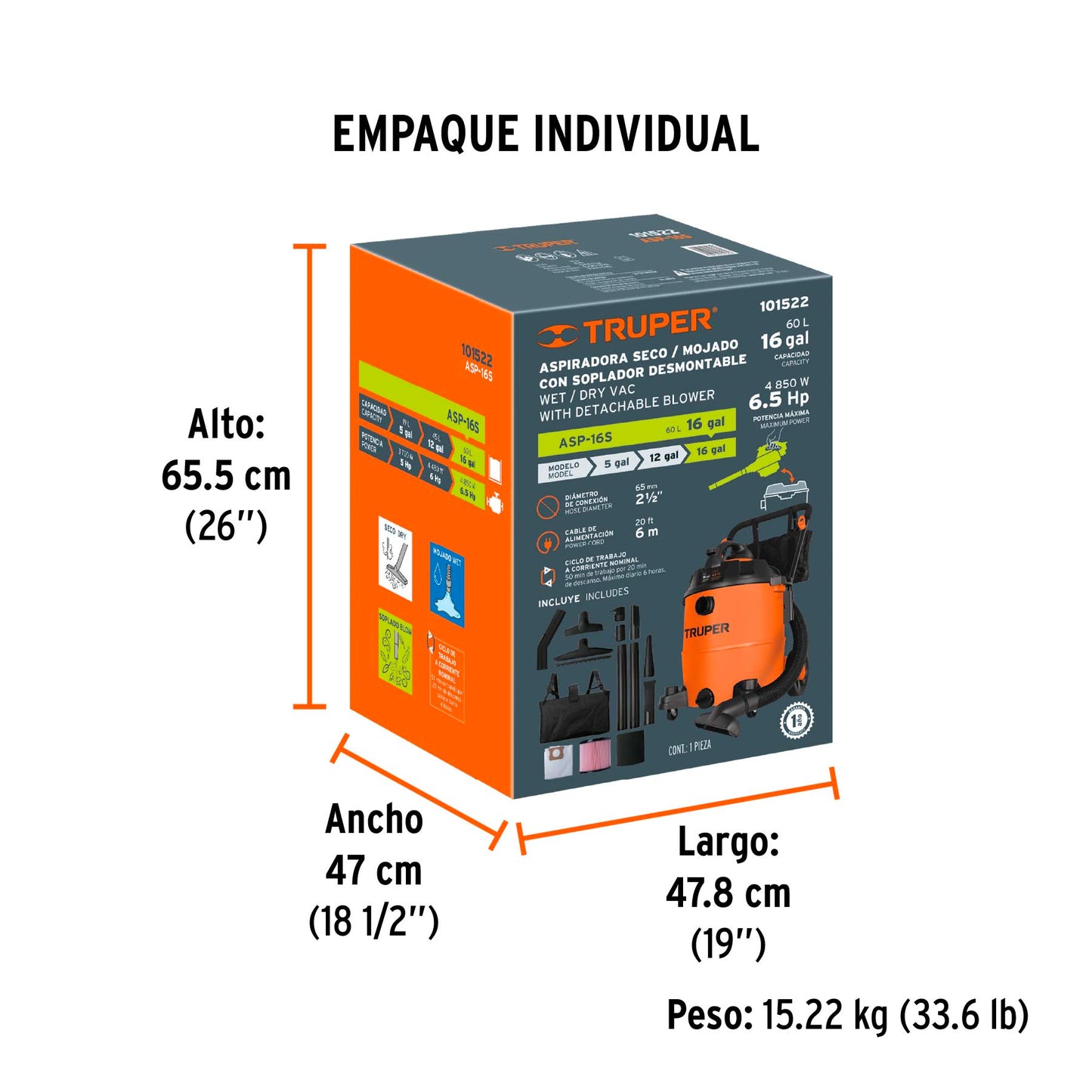 ASPIRADORA TRUPER 16-GLN 6-1/2HP ASP-16S