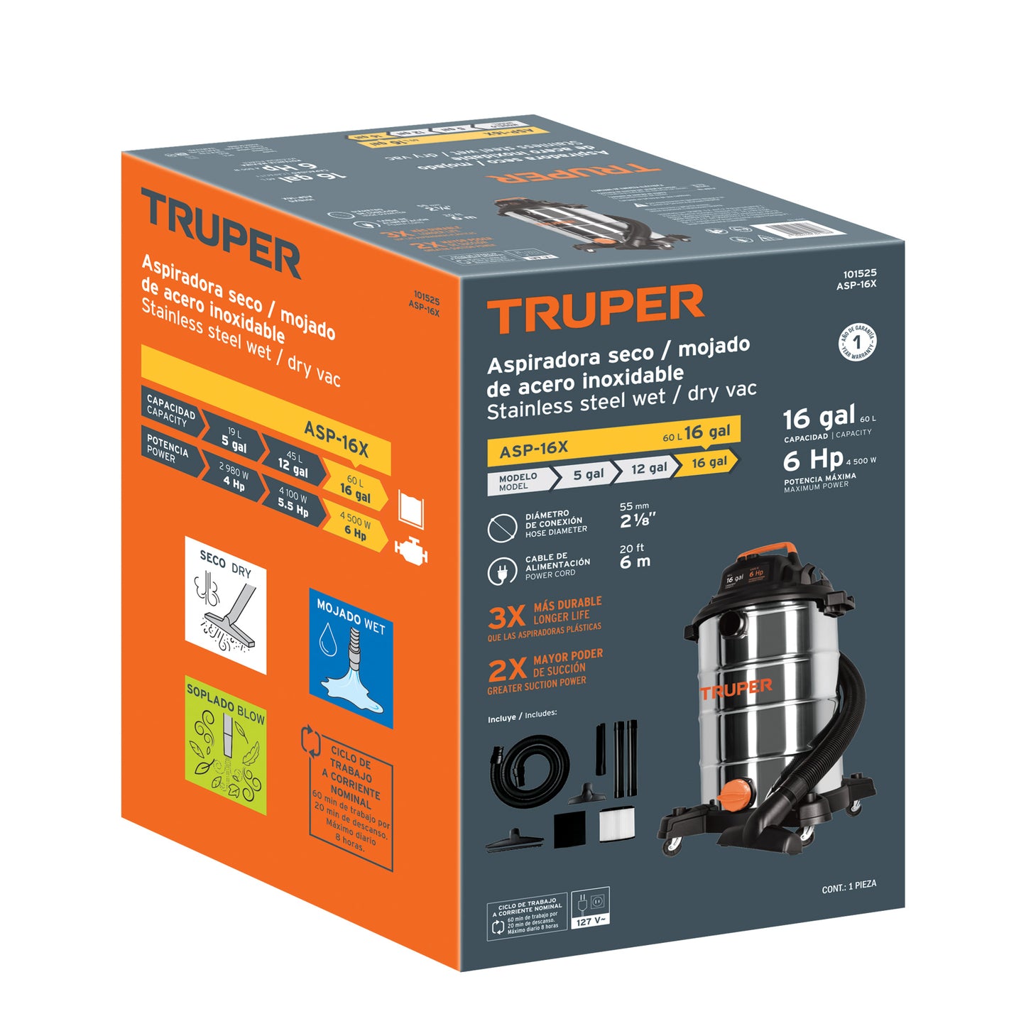 ASPIRADORA TRUPER 16-GLN 6HP ACERO INOXIDABLE ASP-16X