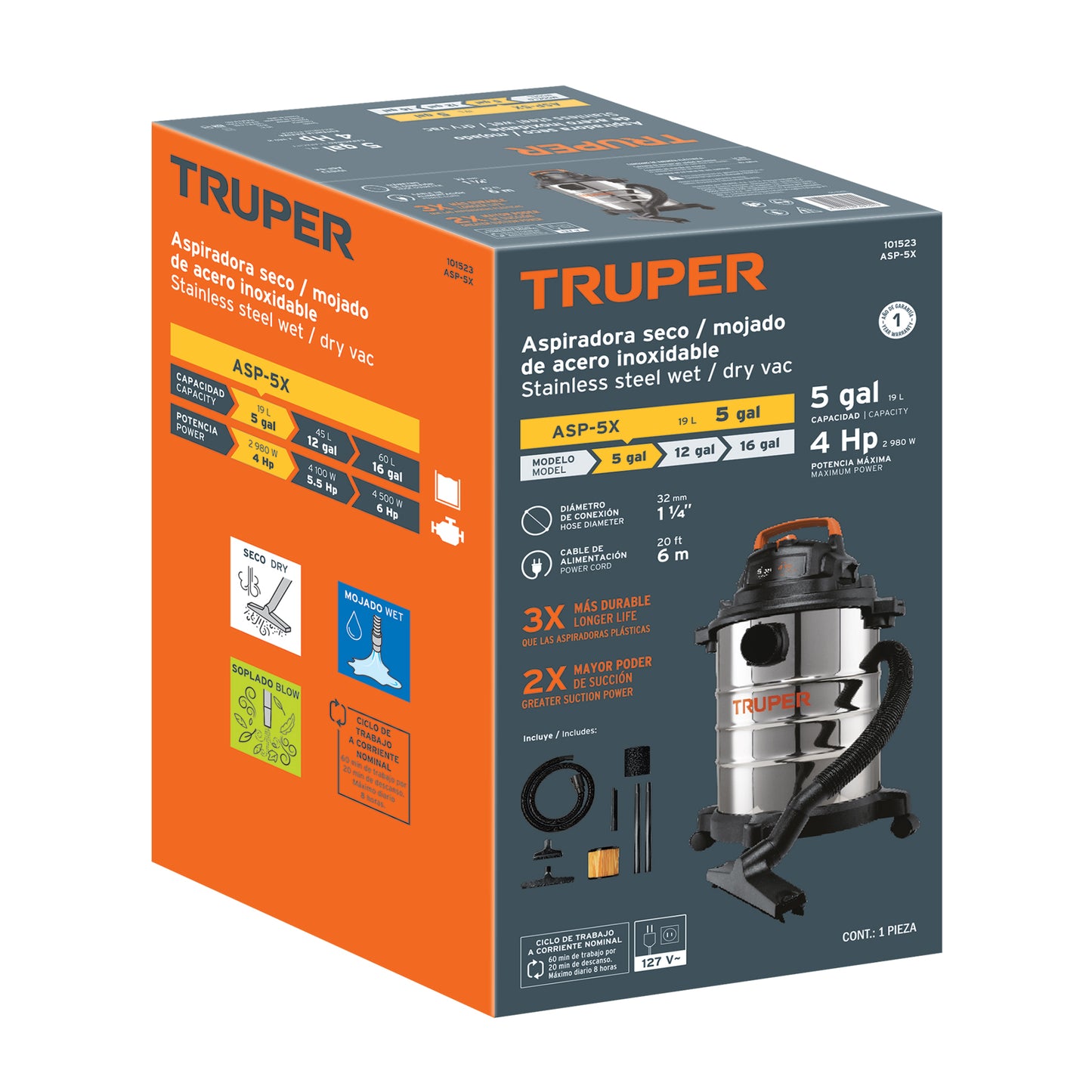 ASPIRADORA TRUPER 5-GLN 4HP ACERO INOXIDABLE ASP-5X