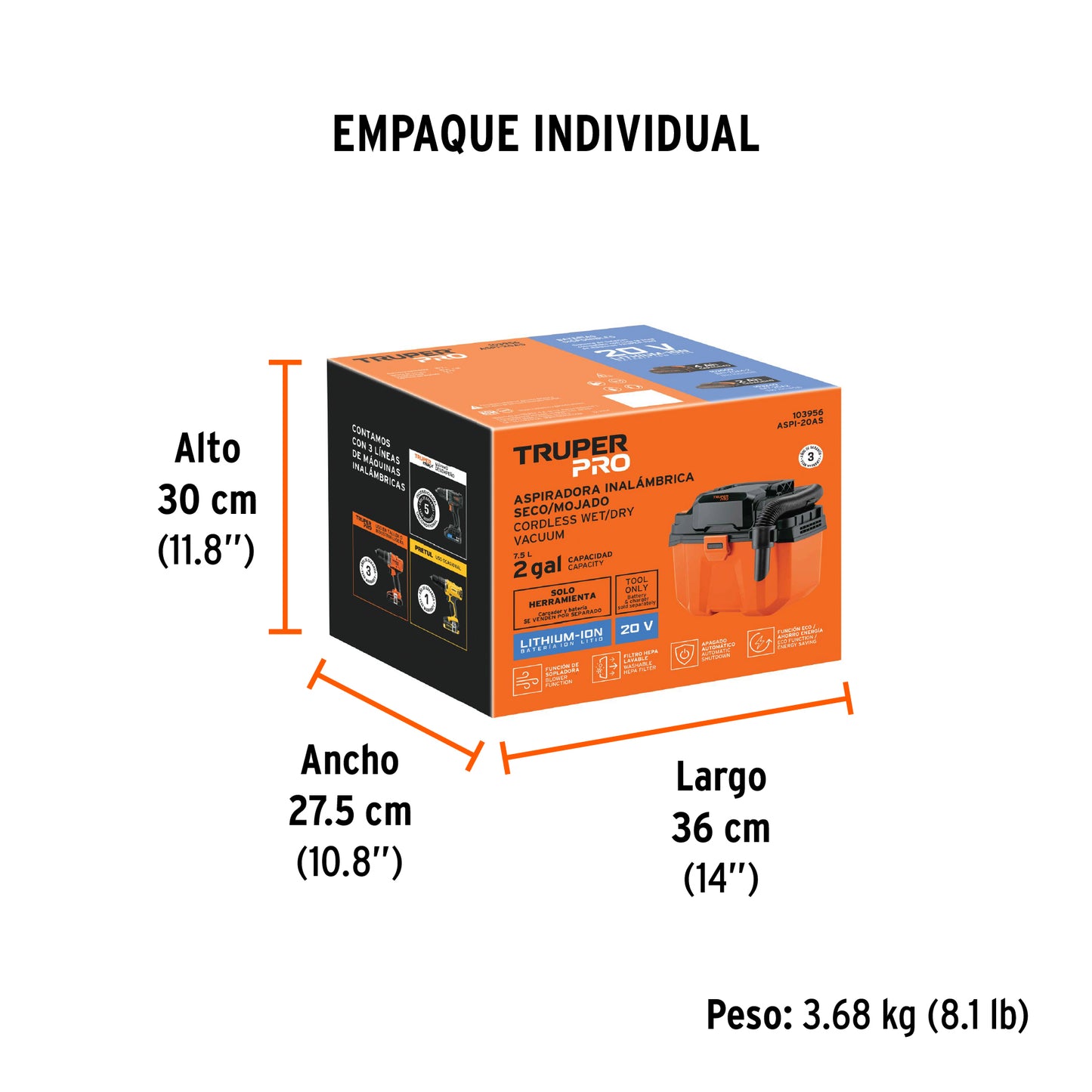 ASPIRADORA INALAMBRICA 20V SIN BATERIA TRUPER PRO
