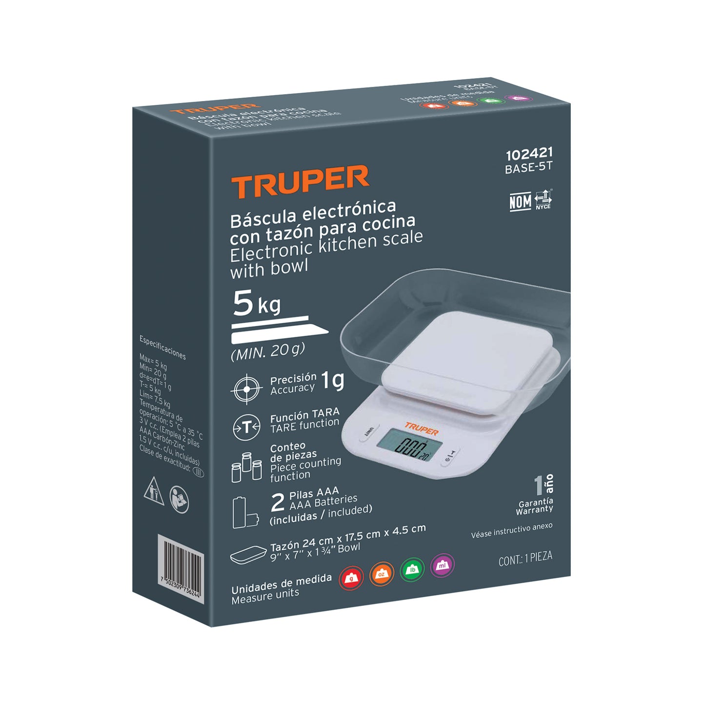 BALANZA DIGITAL PARA COCINA CON TAZON 5KG TRUPER