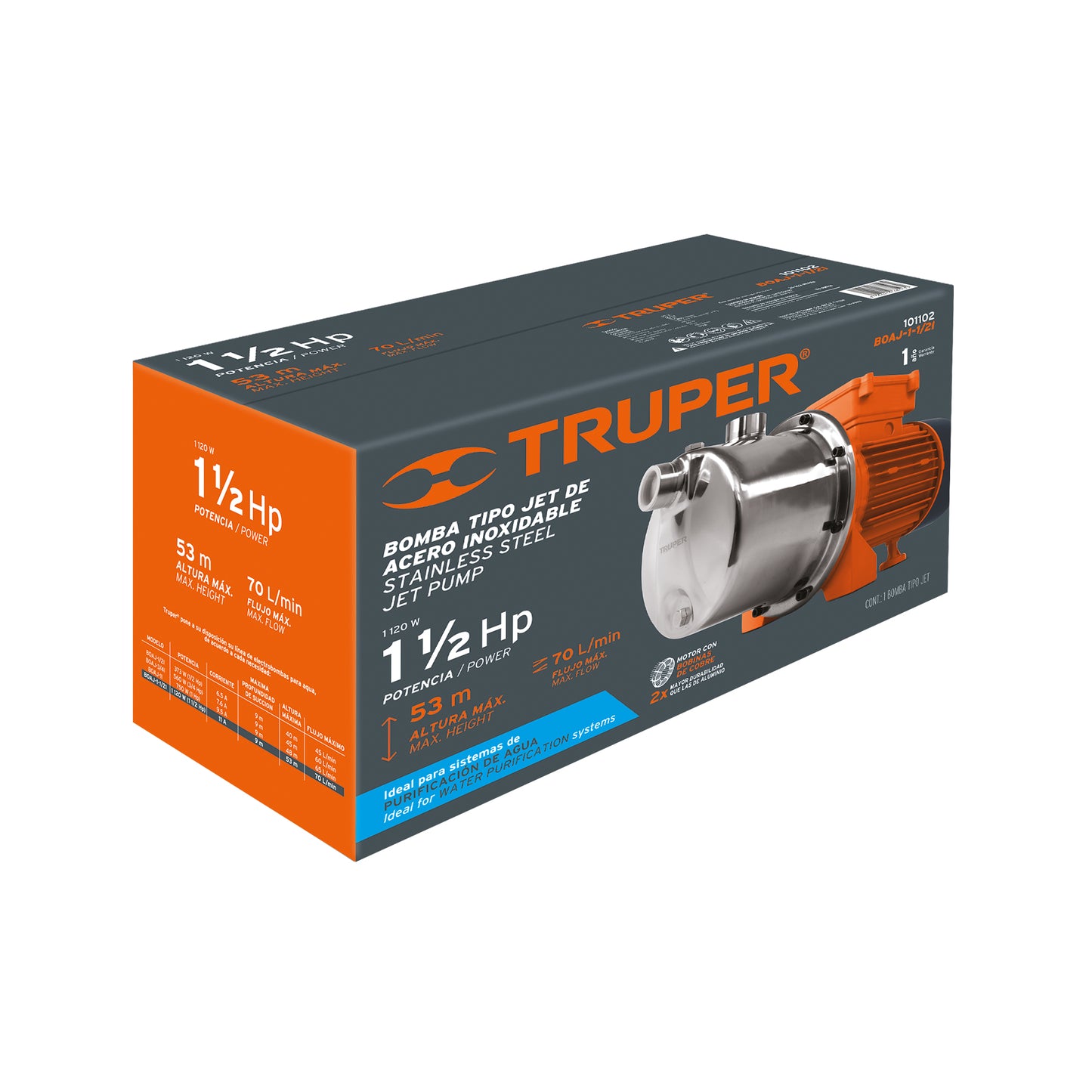 BOMBA PARA AGUA 1-1/2HP TRUPER TIPO JET ACERO INOXIDABLE