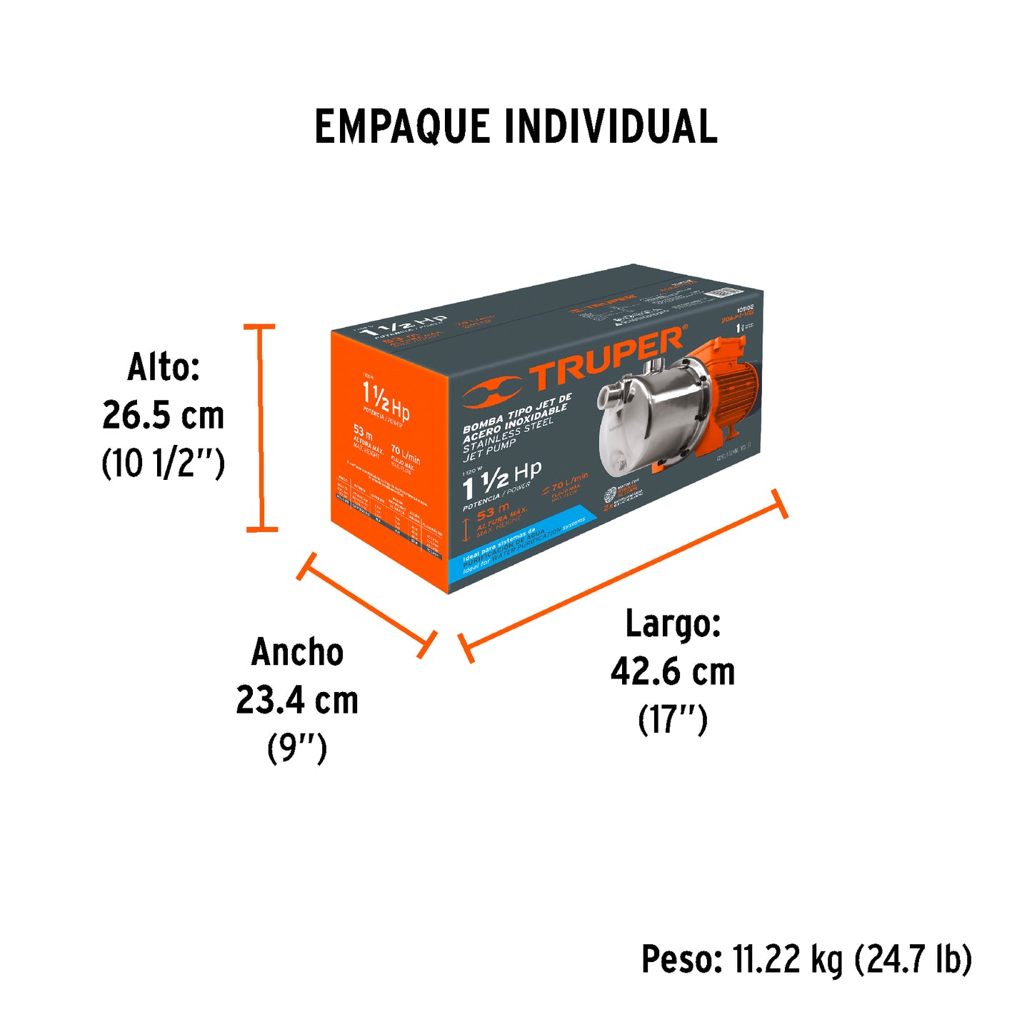 BOMBA PARA AGUA 1-1/2HP TRUPER TIPO JET ACERO INOXIDABLE