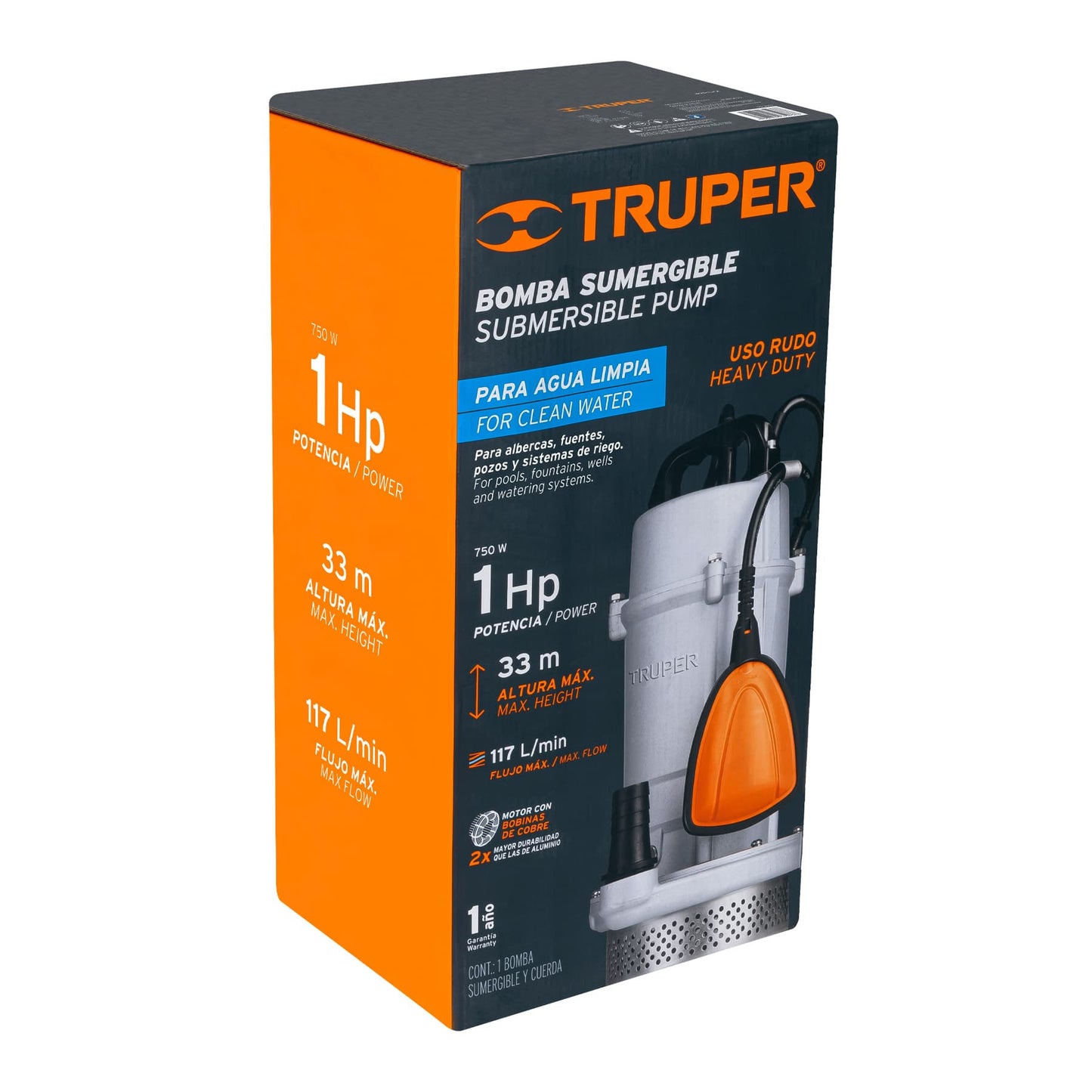 BOMBA PARA AGUA LIMPIA 1-HP SUMERGIBLE USO RUDO TRUPER BOS-1LPX