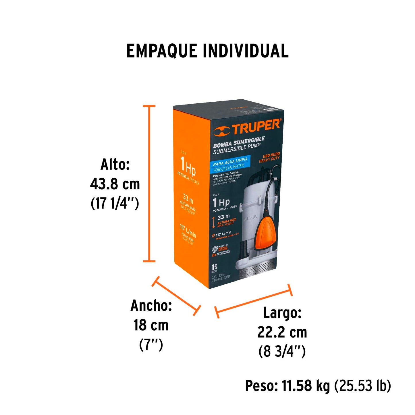 BOMBA PARA AGUA LIMPIA 1-HP SUMERGIBLE USO RUDO TRUPER BOS-1LPX
