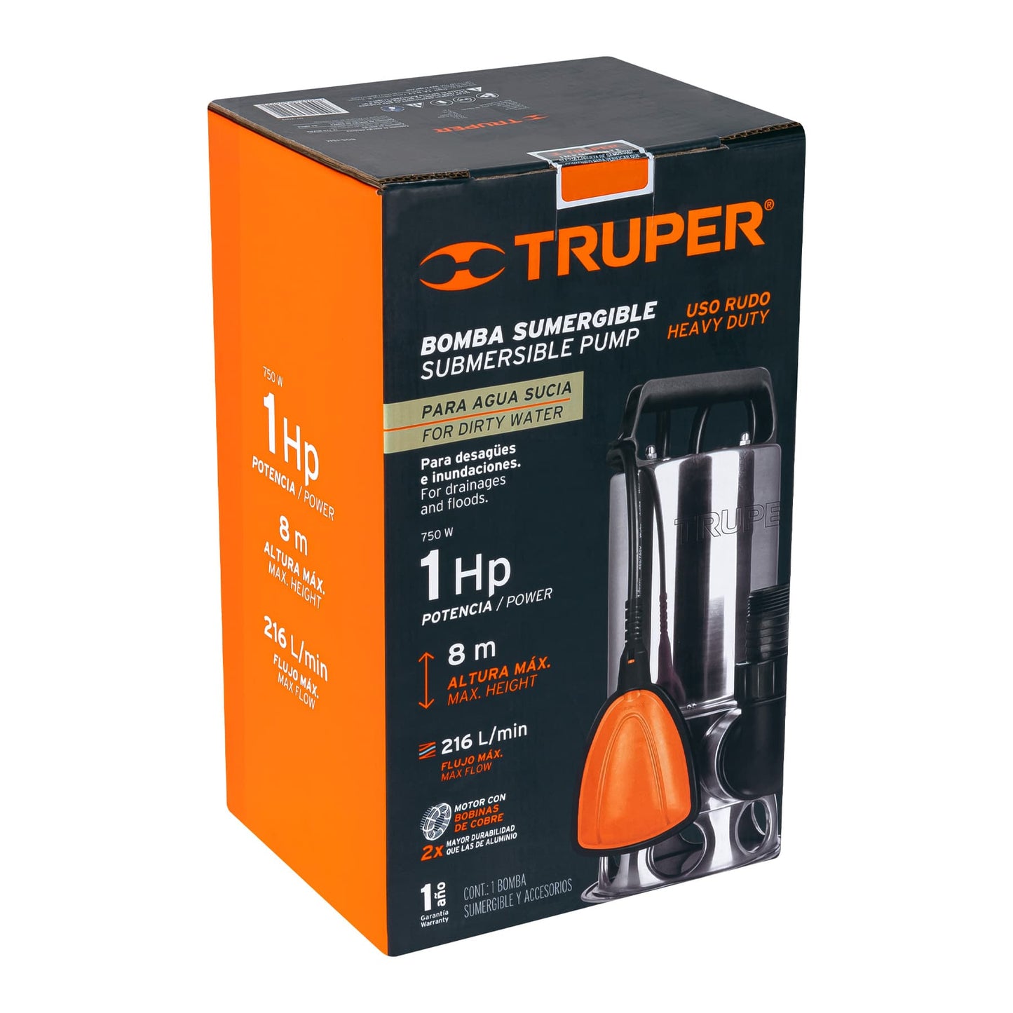 BOMBA PARA AGUA SUCIA 1-HP SUMERGIBLE USO RUDO BOS-1SM TRUPER
